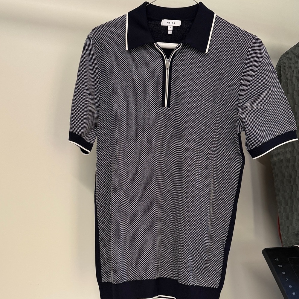 Reiss Navy and White Micro-Pattern Half Zip Polo